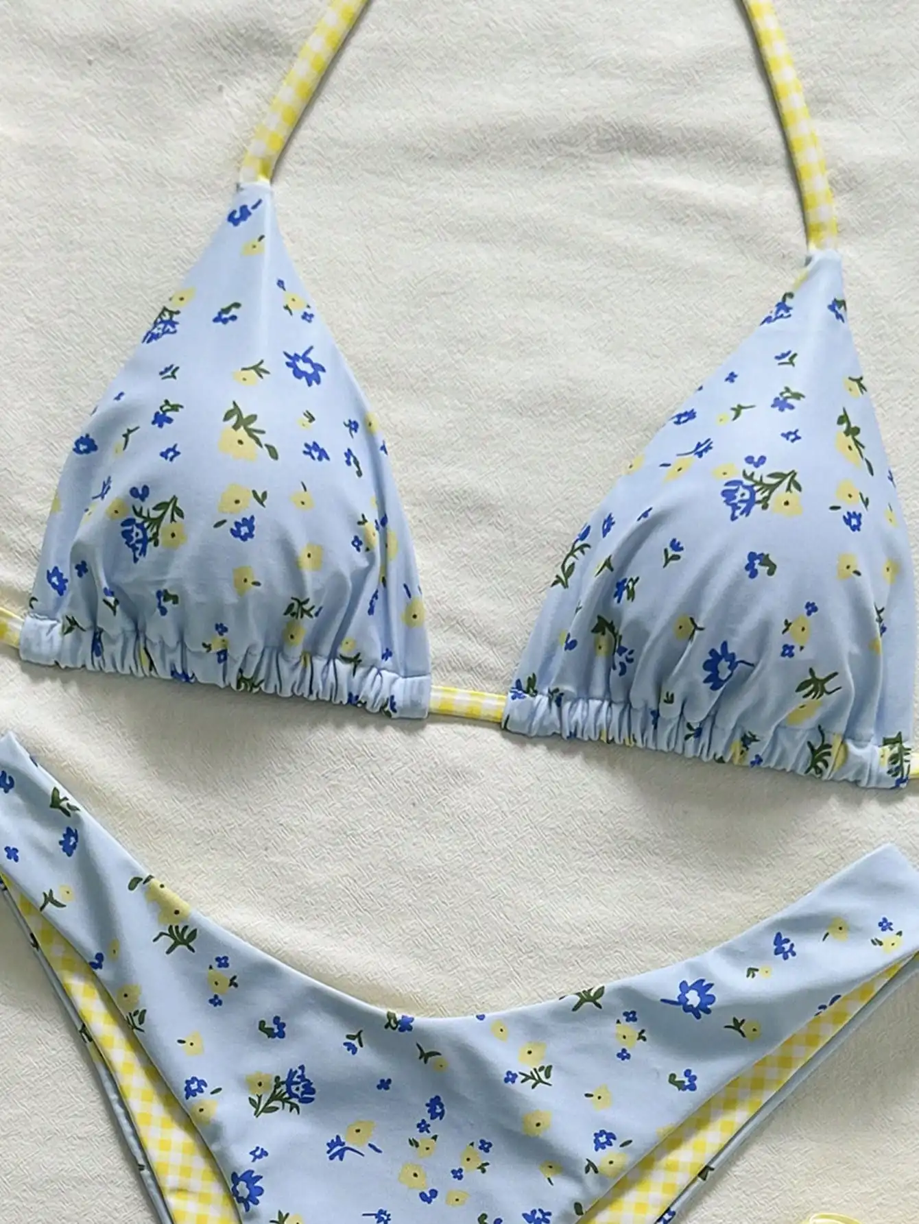 

Женский комплект бикини с цветочным принтом и отделкой в клетку, двусторонний