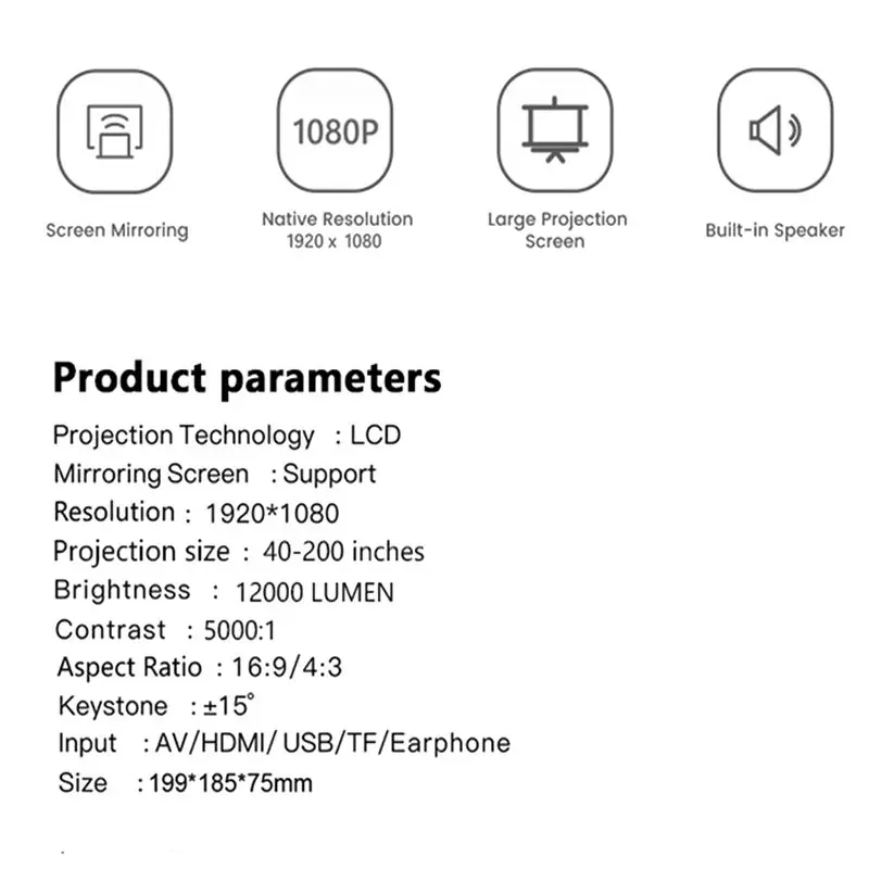 

Проектор 1080P, видеопроектор для домашнего кинотеатра 12000LM с Wi-Fi + BT для HD, USB, VGA, AV, IOS и телефонов Android (вилка стандарта США)