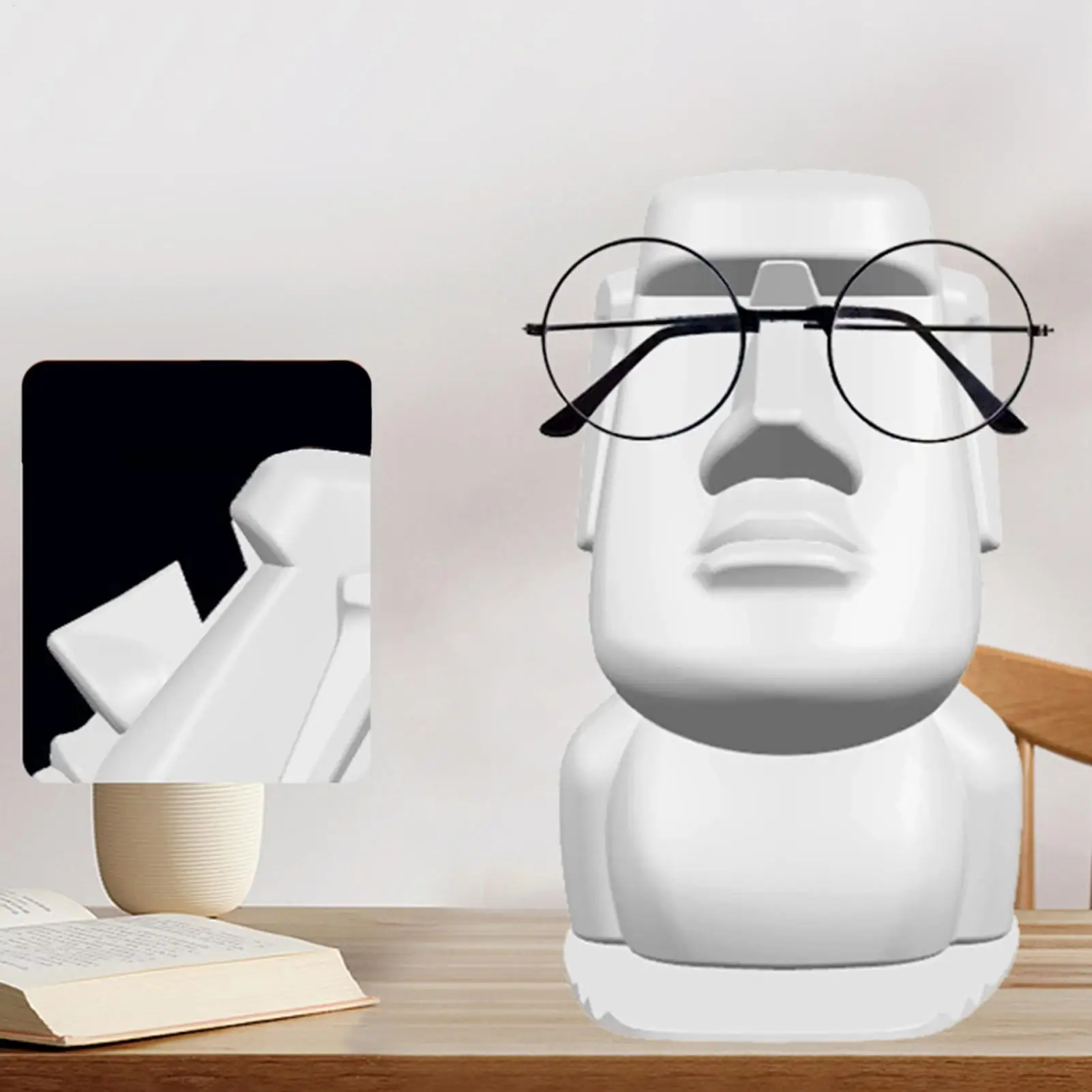 Suporte Criativo 3 em 1 para Celular e Óculos, Decoração de Mesa, Estátua de Resina Moai Única, Presente para Aniversário, Expositor de Óculos