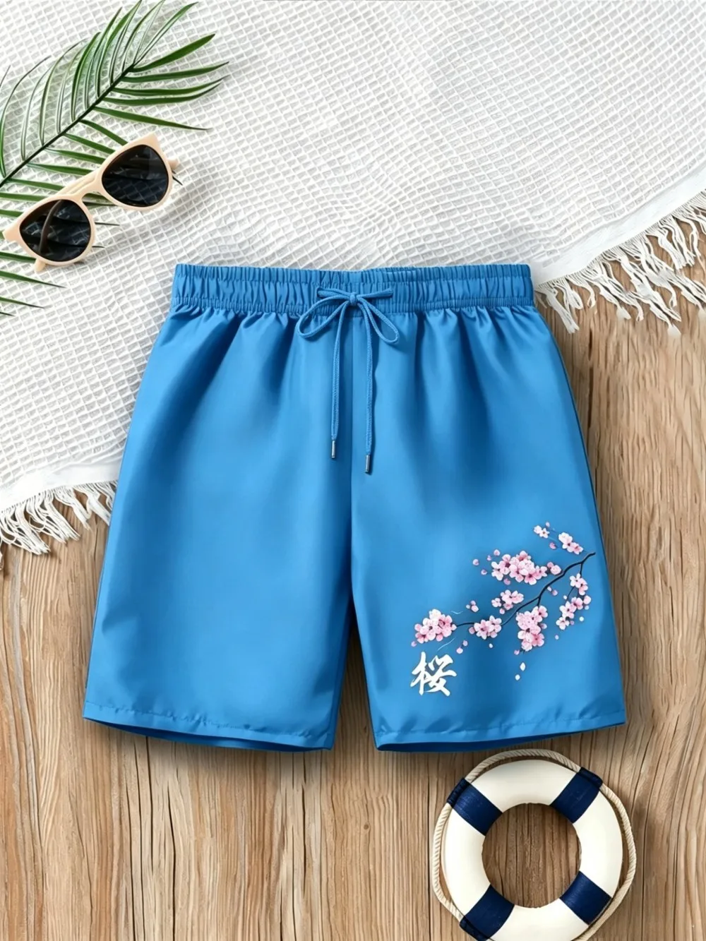 American Men's Summer Personalized Letter Cherry Blossom Print Comfortable Breathable Drawstring Shorts Outdoor Casual Pants
