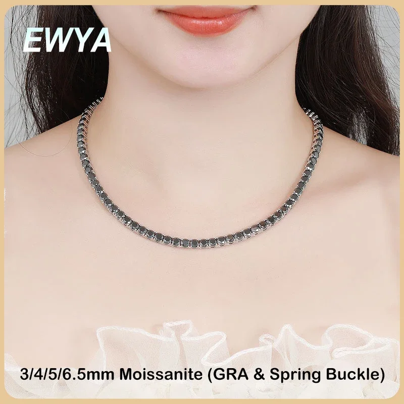 

EWYA Full 3/4/5MM Black Moissanite Tennis Necklace for Men Women S925 Silver Plated 18K Black Gold Pass Diamond Test Neck Chain