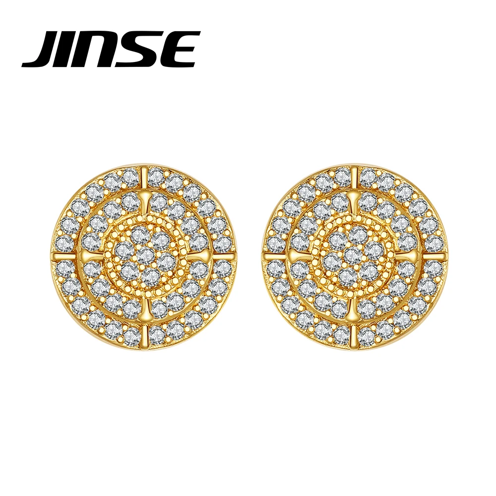 JINSE Vintage Gold Color Hip Hop Stud Earrings for Men Iced CZ Punk Cubic Zirconia Round Piercing Unusual Fashion Jewelry