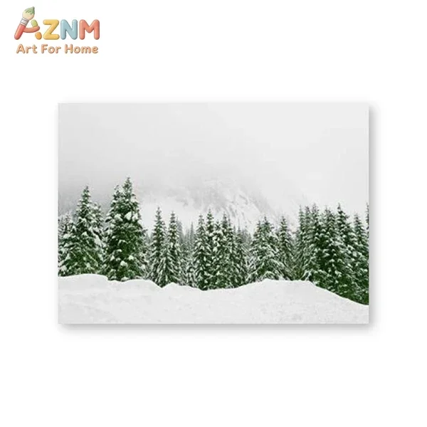 AZNM Winter Snow Forest Canvas Wall Art Reindeer Elk Snowy Pine Tree Landscape Print Poster Neutral Monochrome Christmas Nature