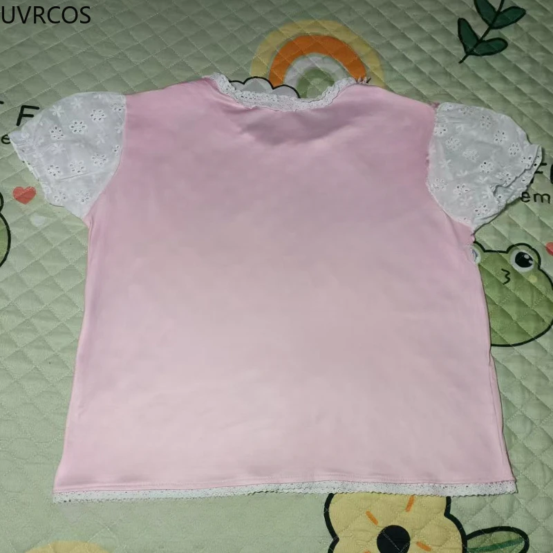 Japonês kawaii coelho impressão dos desenhos animados bonito lolita topos y2k estética rendas retalhos fino arco colheita t grunge doce fada camisetas