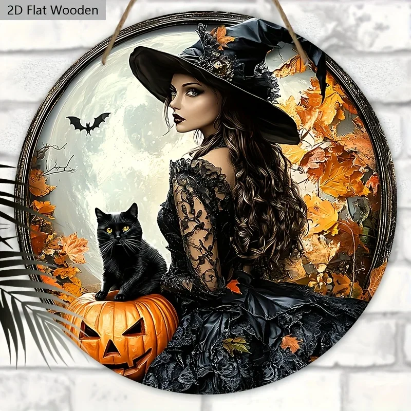 2D flach, 1 Stück Halloween-Hexen- und schwarze Katze, rundes Holzschild – Wandbehang im Vintage-Stil mit Vollmond- und Herbstblättern, 7.