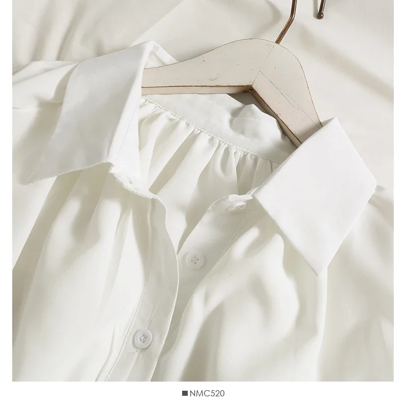 Pop Sweet Office Lady Retro Blouse Women's White Long Sleeve Shirt With Ruffle Drawstring Waist Korean Chic Elegant Button Down
