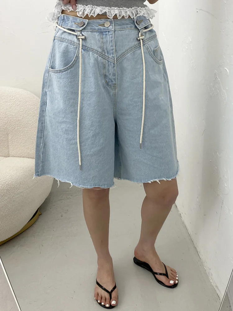 

High Waist Wide Leg Denim Shorts Women's Casual Style with Rope Buckle Slimming Effect Four Seasons Universal Girl's Jeans