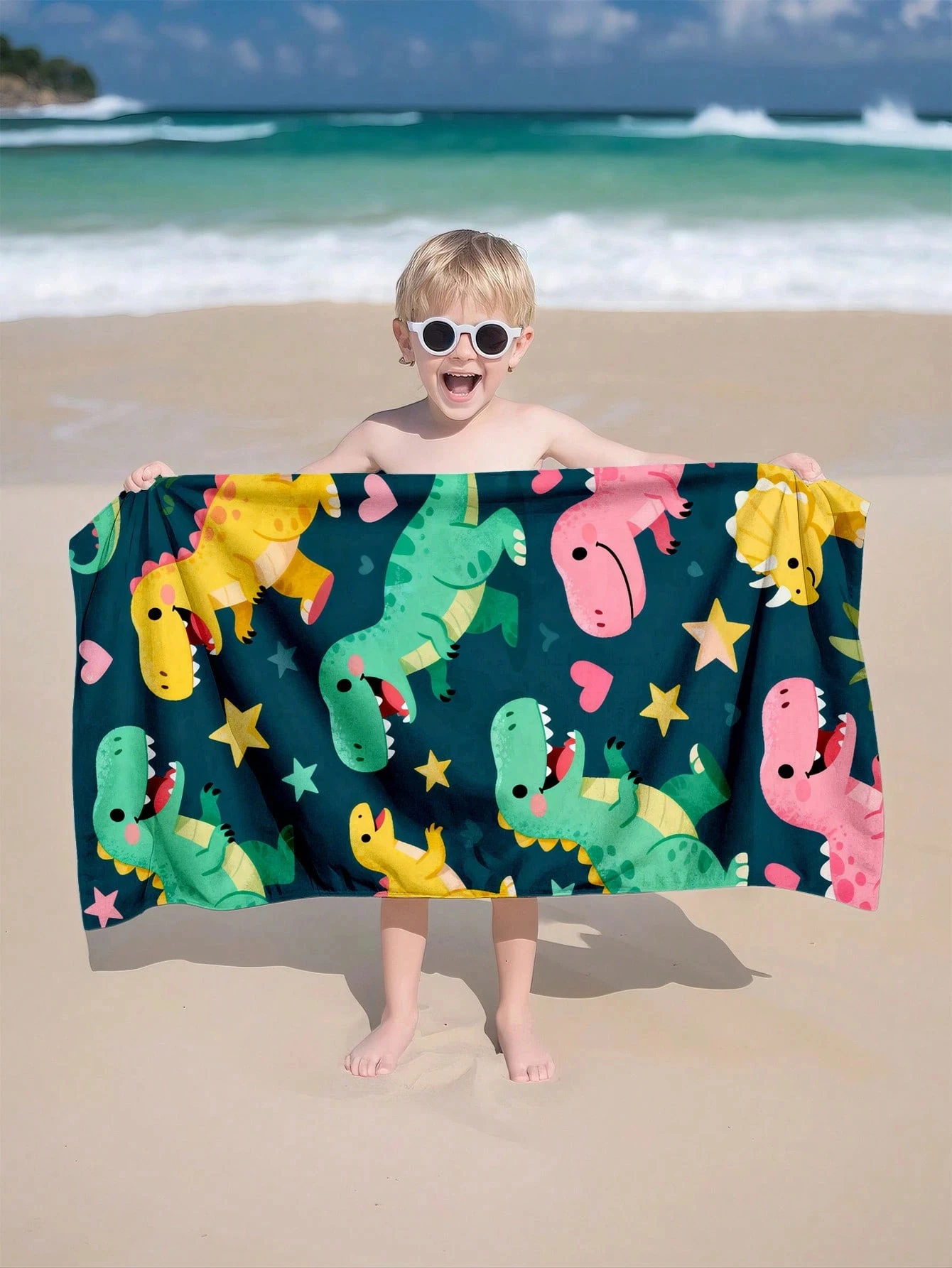 1pc Cute Colorful Cartoon Dinosaur Pattern Children's Beach Towel, Super Soft Microfiber Extra Large Beach Blanket, Super Absorb