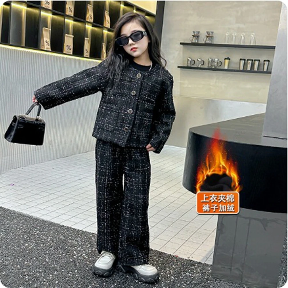 Spring Autumn Girls 2pcs Plaid Elegant Sets Black Tweed Jacket Wide Leg Pants Children\'s Clothing Outfits Chic Princess Outfits