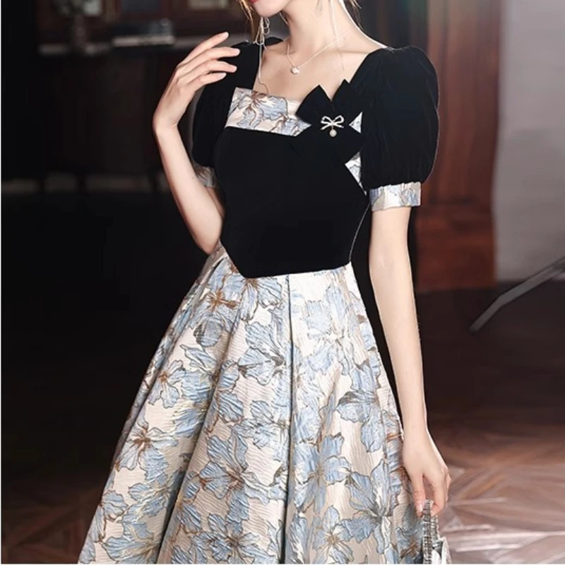 Customized Elegant French Sqaure Collar Short Sleeve Graduation Vestidos High End Luxury Floer Print Evening Gown Temperament Dr