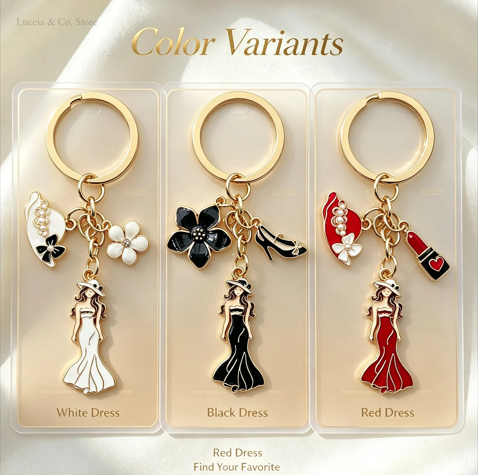 Enamel Alloy Dress Model with Matching Hat Pearl Accessory Key Ring Pendant Keychain Charm Gift Decor Jewelry for Wholesale