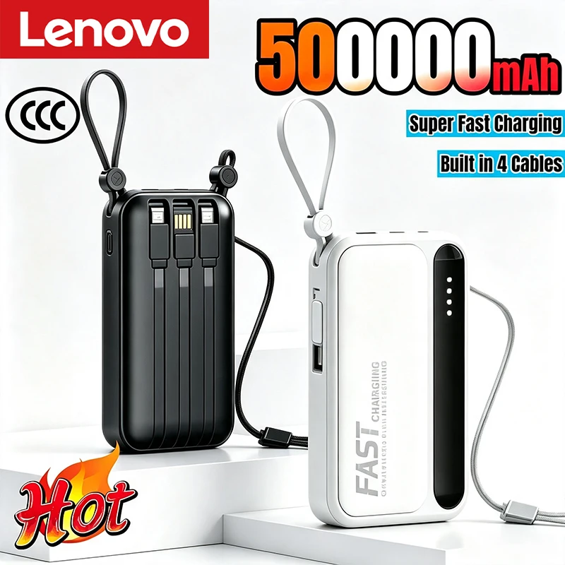 Lenovo 500000mAh Powerbank Große Kapazität Superschnelles Laden Tragbarer Externer Akku mit Eingebauten 4 Kabeln für Alle Telefone 2026