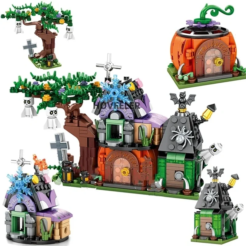 431Pcs 4 in 1 Halloween Kürbis Haus Bausteine Stadt Kind Kürbis Wagen Modell Set Ziegel Spielzeug für Kinder geschenk