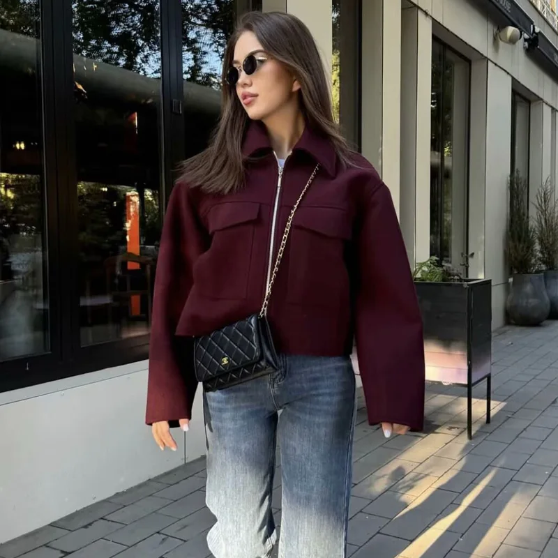 TRAF 2024 Woman Crop Burgundy Jacket Women\'s Jacket Autumn Winter Long Sleeve Zipper Big Pockets Outerwears Elegant Casual Coats