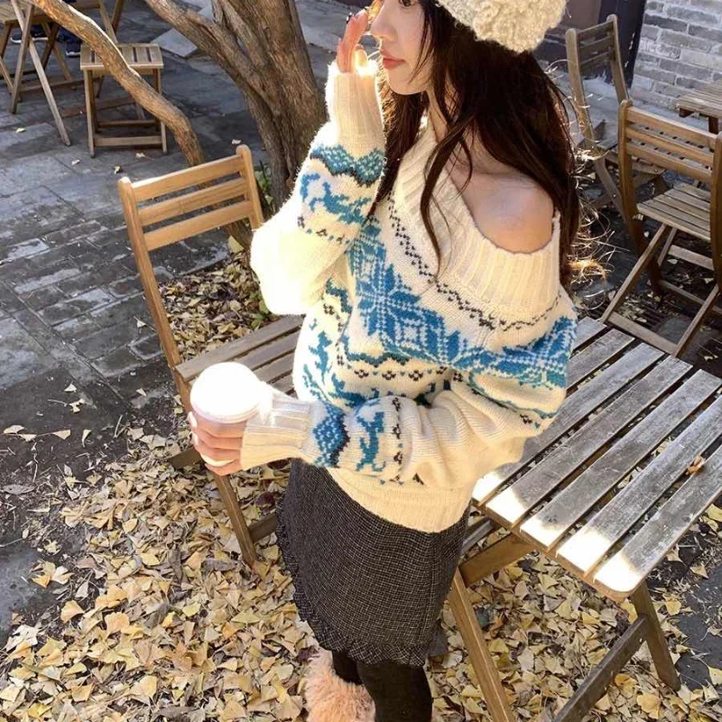 Vintage Off Shoulder Knitted Pullovers Women Sexy Korean Style Black Harajuku Sweaters Sweet Retro Y2k Print Tops