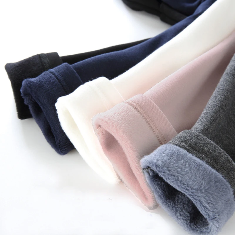 Girls Warm Elastic Waist Cotton Leggings Pants Winter Thickening Fleece Children\'s Long Trousers Solor Color Warm Girls Legging