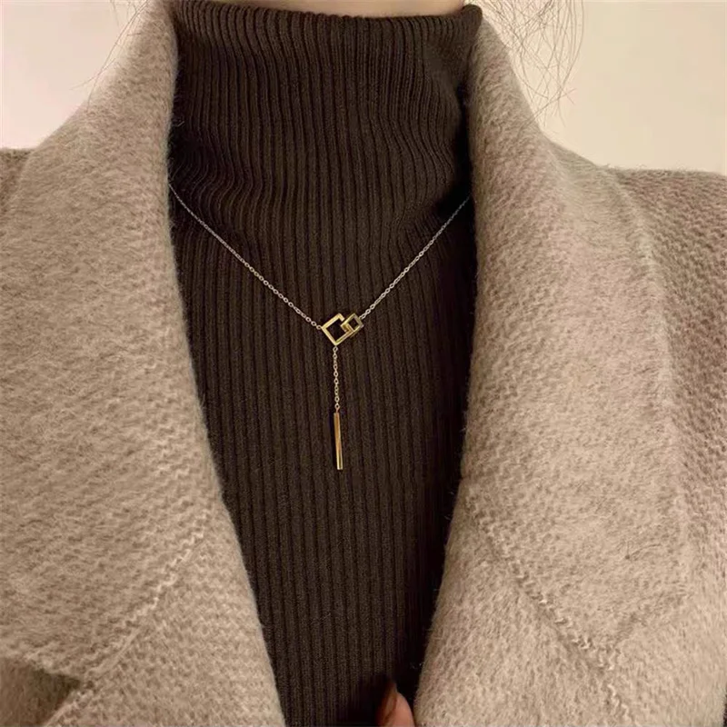 

Temperament Square Long Pendant Necklace For Women Lady Simple Double Geometric Ring Splicing Necklace Autumn and Winter Jewelry