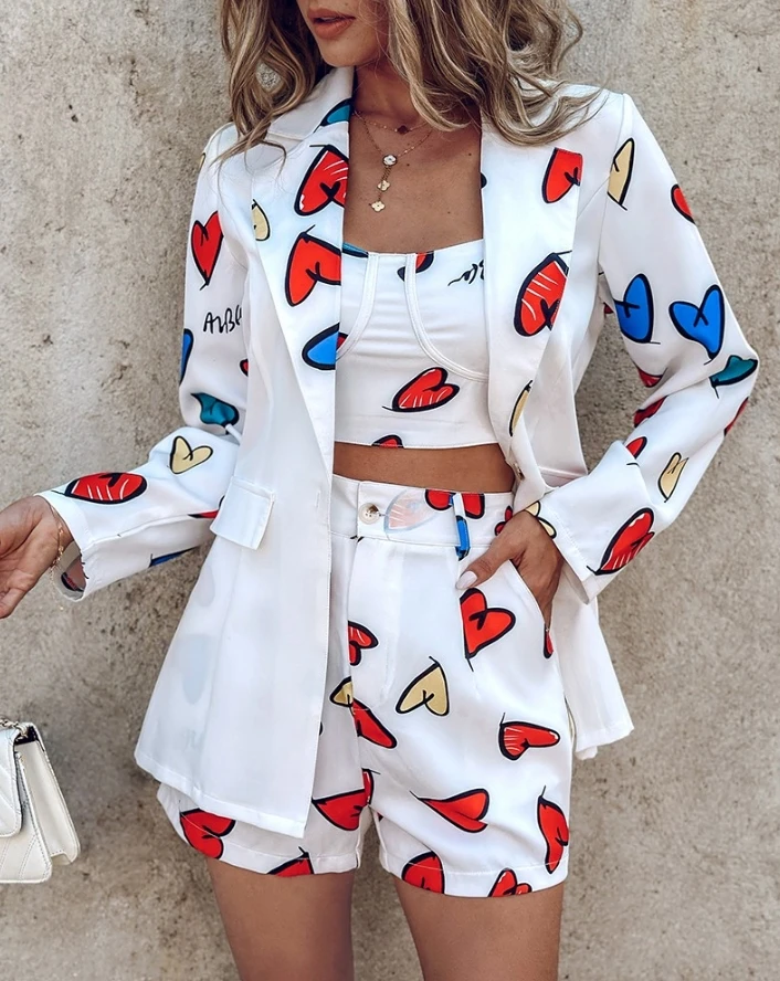 

Women Urban Suits 2024 Summer Autumn Latest Notched Collar Heart Letter Print Cami Top & Shorts Set with Long Sleeve Blazer Coat