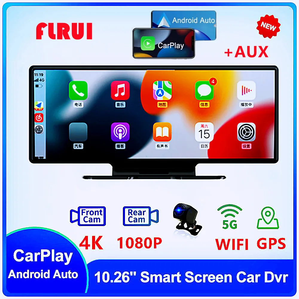 

10.26" 4KDash Cam Rearview Camera Wifi Carplay & Android Auto DVR GPS Navigation Video Recorder Dashboard Dual Len 24H Park AUX