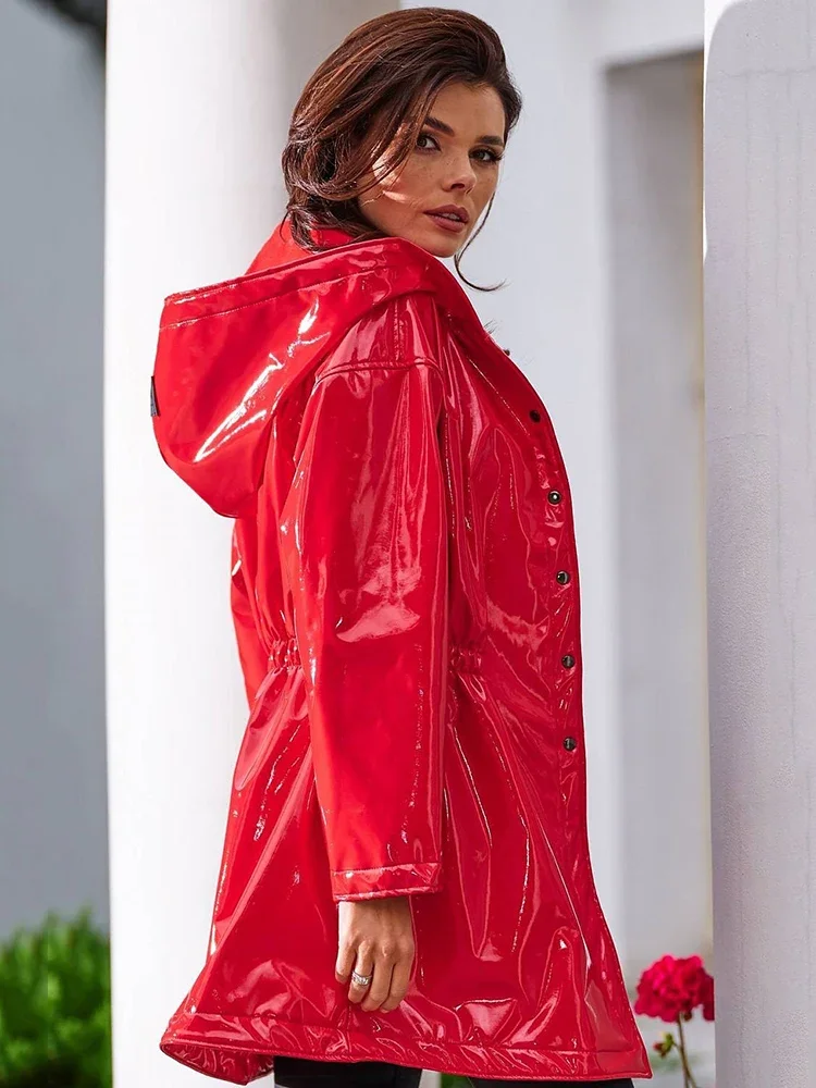 Women Shiny Patent Leather Parka Hood Overcoat With Pocket Faux Latex Long Sleeve Jacket Button Ladies PVC Raincoat New Custom