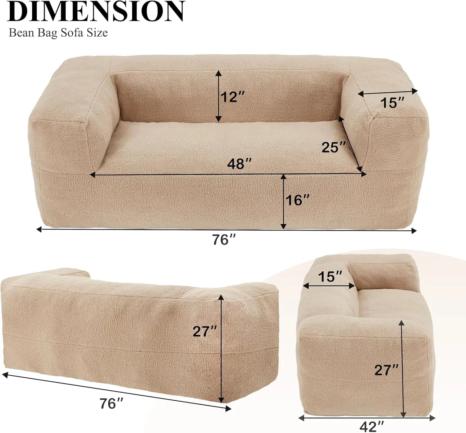 Bag Chair Sofa,Oversized Bean Bag Couch,Memory Foam Filled Floor Loveseat with Soft Sherpa Teddy Cover and Wide Armrests for Adu