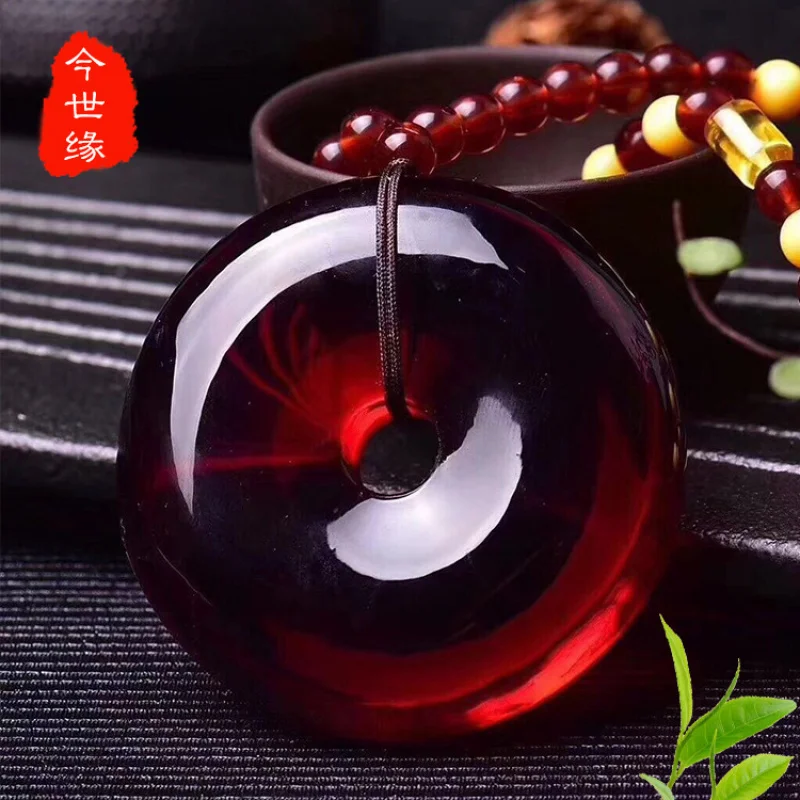 

Live Streaming Beeswax Pendant King's luck Blood Pool Peace Buckle Amber Men's and Women's Pendants Necklace Hand Polished