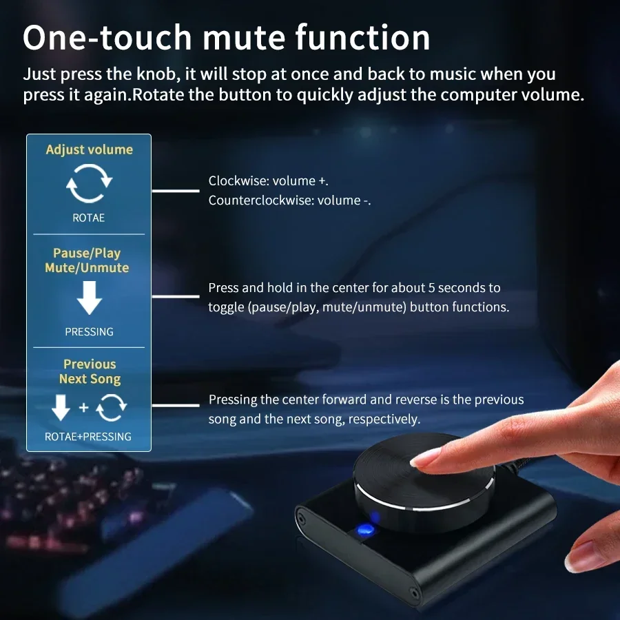 مقبض التحكم في مستوى الصوت USB للكمبيوتر وحدة تحكم الوسائط المتعددة مع وظيفة كتم الصوت/الإيقاف المؤقت بمفتاح واحد تدعم Windows/Mac/IOS/Android/Linux