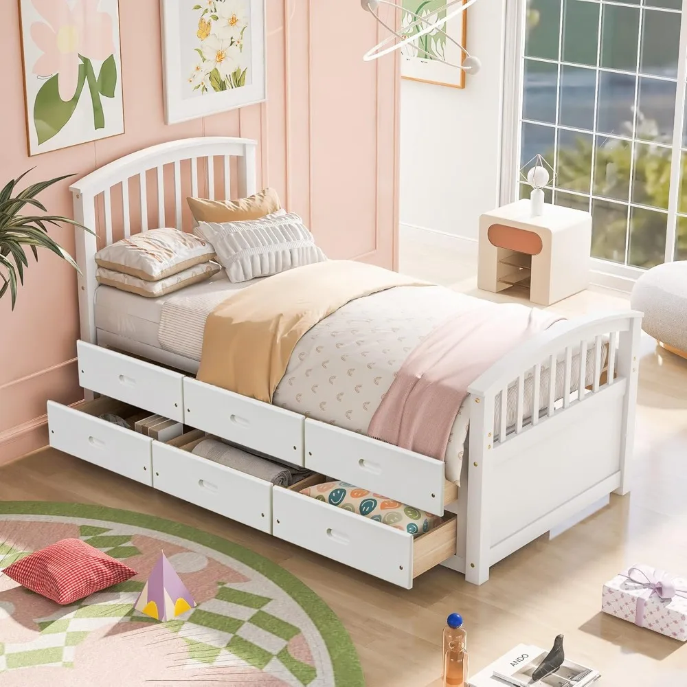 Twin platform storage bed, solid wood bed with 6 drawers,sturdy MDF, and composite wood