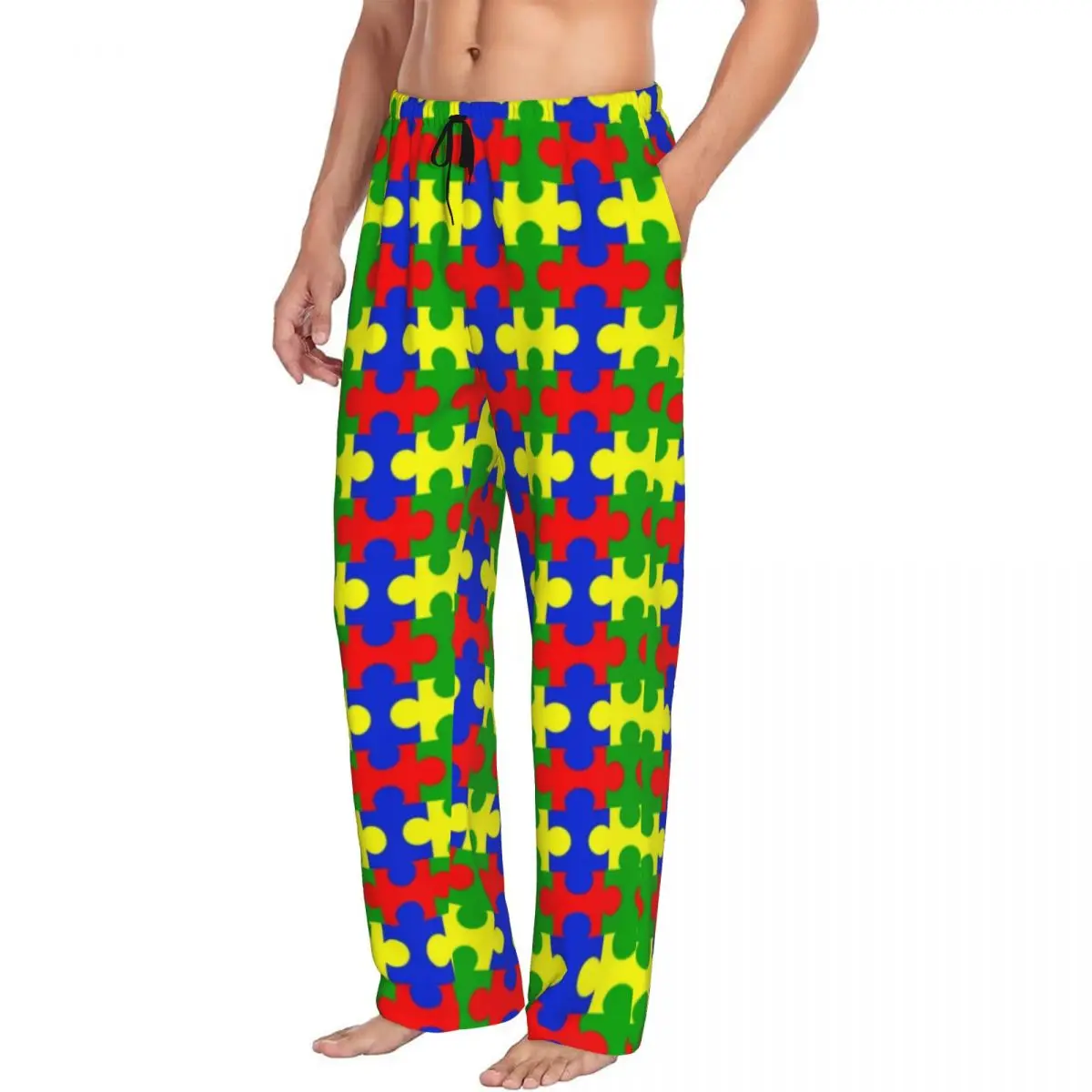 Custom Print Men's Colorful Jigsaw Puzzles Autism Awareness Pajama Pants Sleepwear Sleep Lounge Bottoms with Pockets