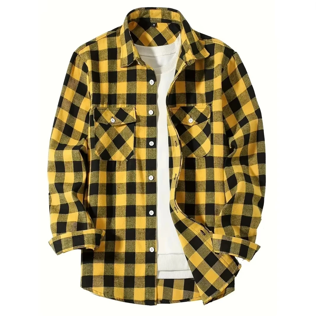 

T600 Plaid Smart Casual Flannel Shirt Long Sleeved Chest Two Pockets Design Spring Autumn Men Top