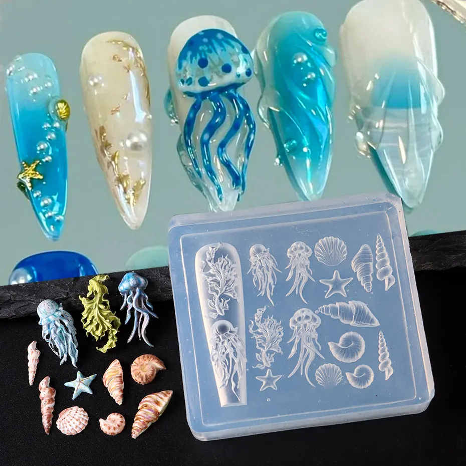 Moule en Silicone série océan pour animaux, coquille de mer, conque, timbres pour ongles, étoile de mer, algues, breloque douce 3D, outils de pochoir, 1 pièce