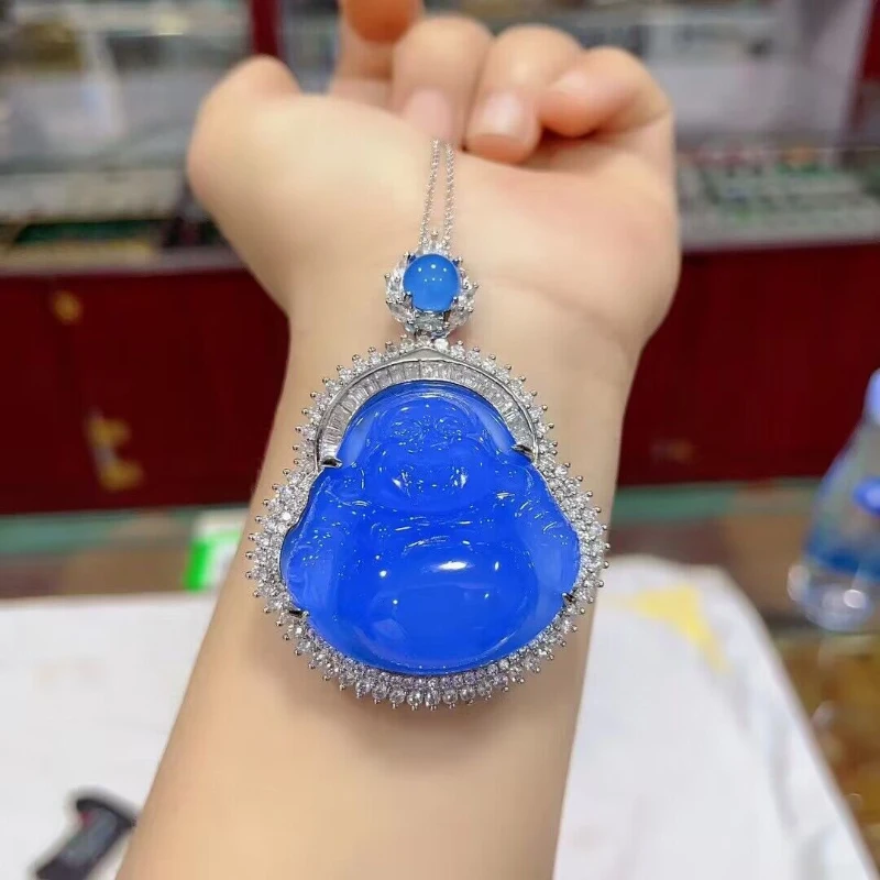 Natural 925 Silver Inlaid Blue Chalcedony Buddha Pendant Ice Blue Agate Maitreya Buddha Jade Necklace Ladies Luxury Jewelry Gift