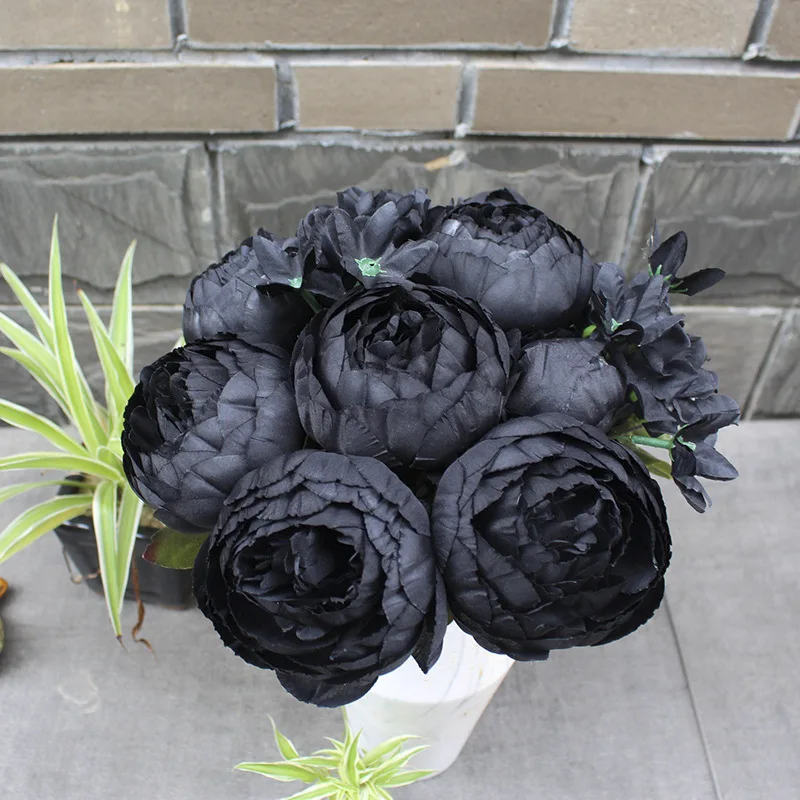 12 Head Black Rose Artificial Flowers Simulation Peony Bouquet Home Room Wedding Halloween Chritmas Party Decoration Fake Flower