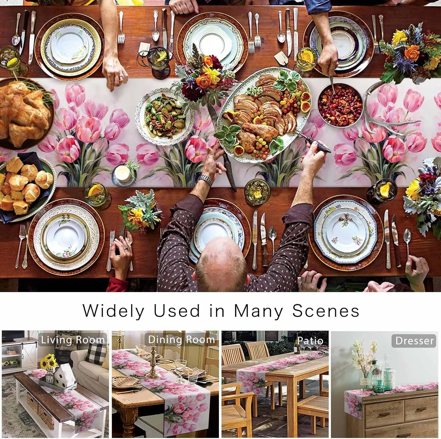 Happy Easter Watercolor Tulip Linen Table Runner Wedding Party Decor Spring Plants Pink Flowers Table Runners Dining Table Decor