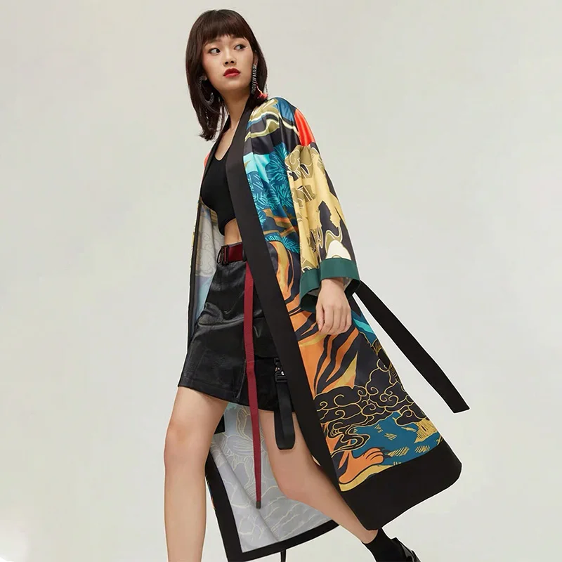 الأوروبية والأمريكية الموضة فضفاضة الرجعية النمر طباعة منتصف طول كيمونو سترة Haori سترة الصيف حجم كبير عطلة الشاطئ نمط قطعة واحدة ملابس السباحة التستر ملابس الحماية من الشمس