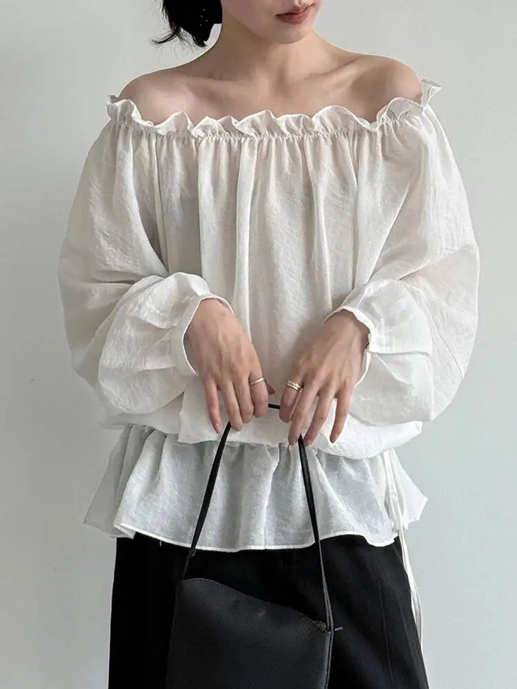

Women White Ruffles Thin Big Size Elegant Blouse New Slash Neck Long Sleeve Shirt Fashion Tide Spring Autumn
