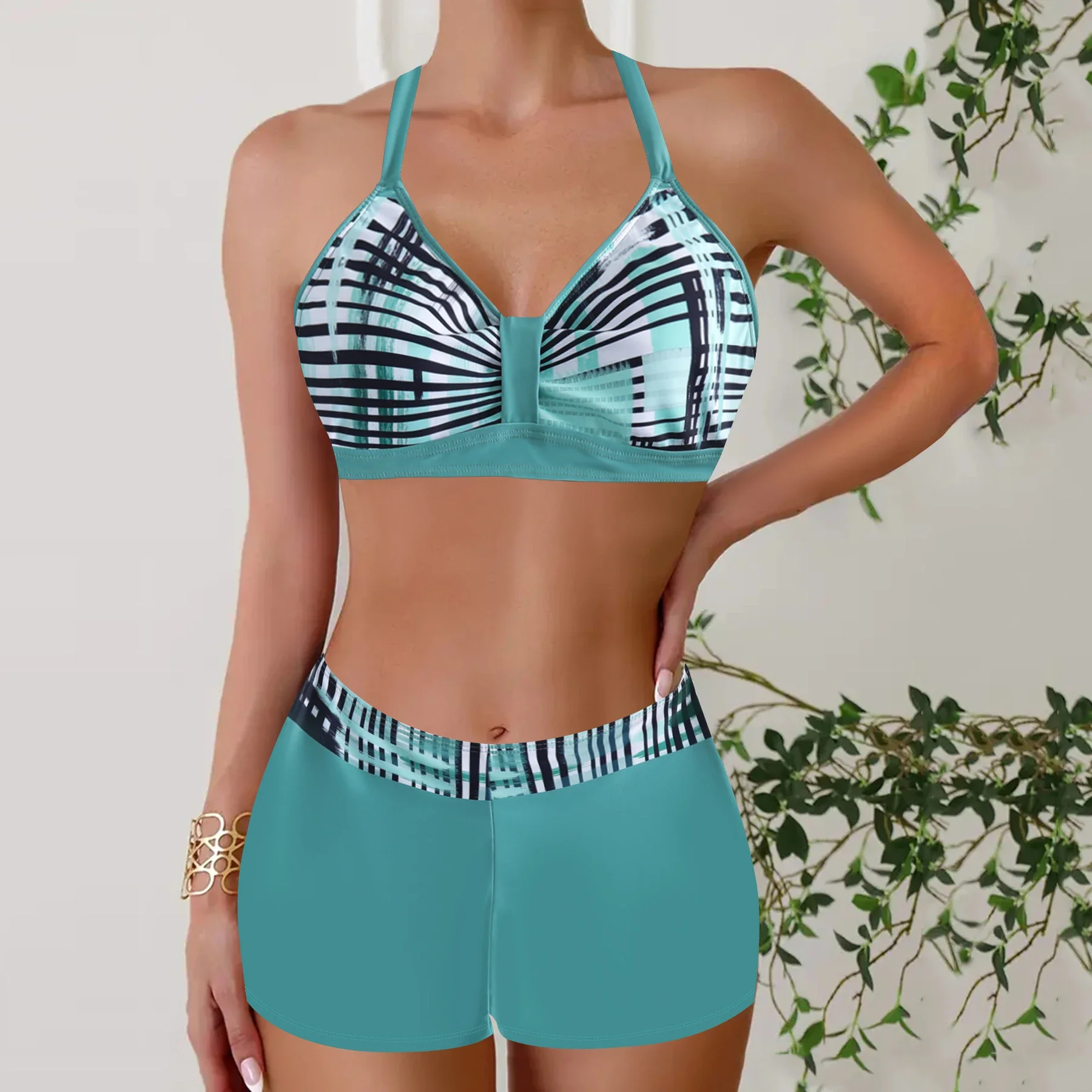 Women's Summer Vacation Tankini Set - High Stretch Crew Neck Swimsuit with Random Print, Knit Fabric 2 Piece Tropical Bikini