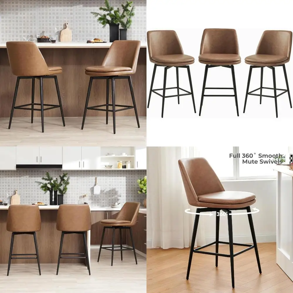 

Набор из 3-х коричневых кожаных вращающихся барных стульев с металлическими ножками, сертифицированных по стандарту SC.
