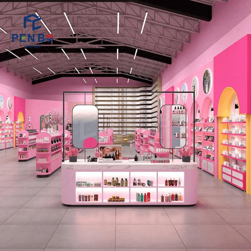custom.Pink Cosmetic Design Cute Skincare Showcase Custom Big Beauty Salon Commercial Cabinet Design