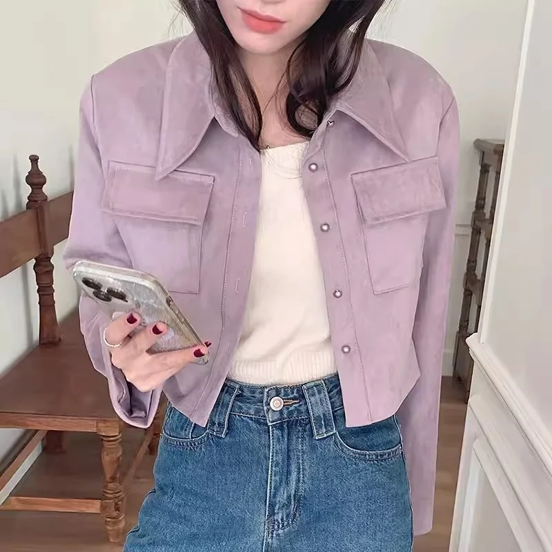2024 Autumn New Classic Retro Lapel Single Breasted Loose and Versatile Long Sleeved Short Deer Leather Jacket Women's Jacket