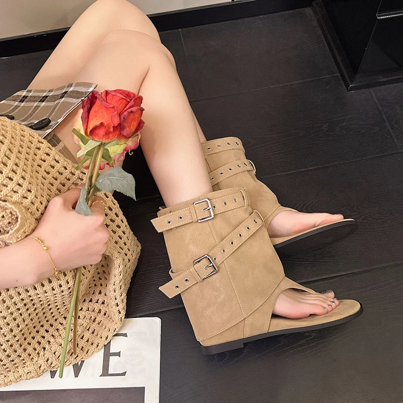 

Women's Fashion Clip Toe Herringbone Cool Boots Summer New Designer Brand Buckle Punk Platform Sandals Tall ankle boots