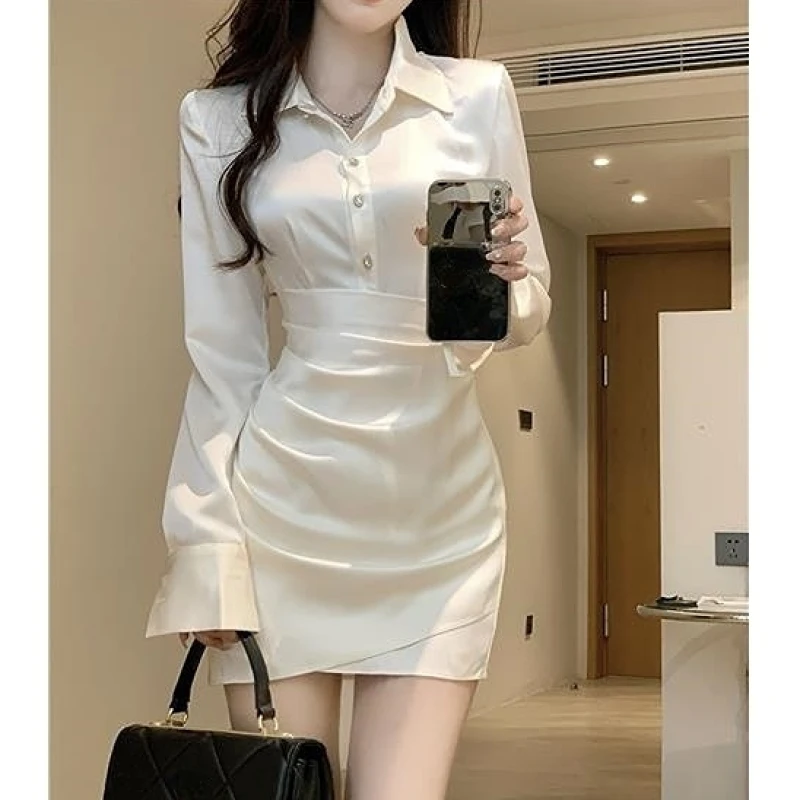 Spring Elegant Satin Dress Women France Button Designer Party Mini Dress Female Korean High Waist Solid Casual Slim Dress 2023