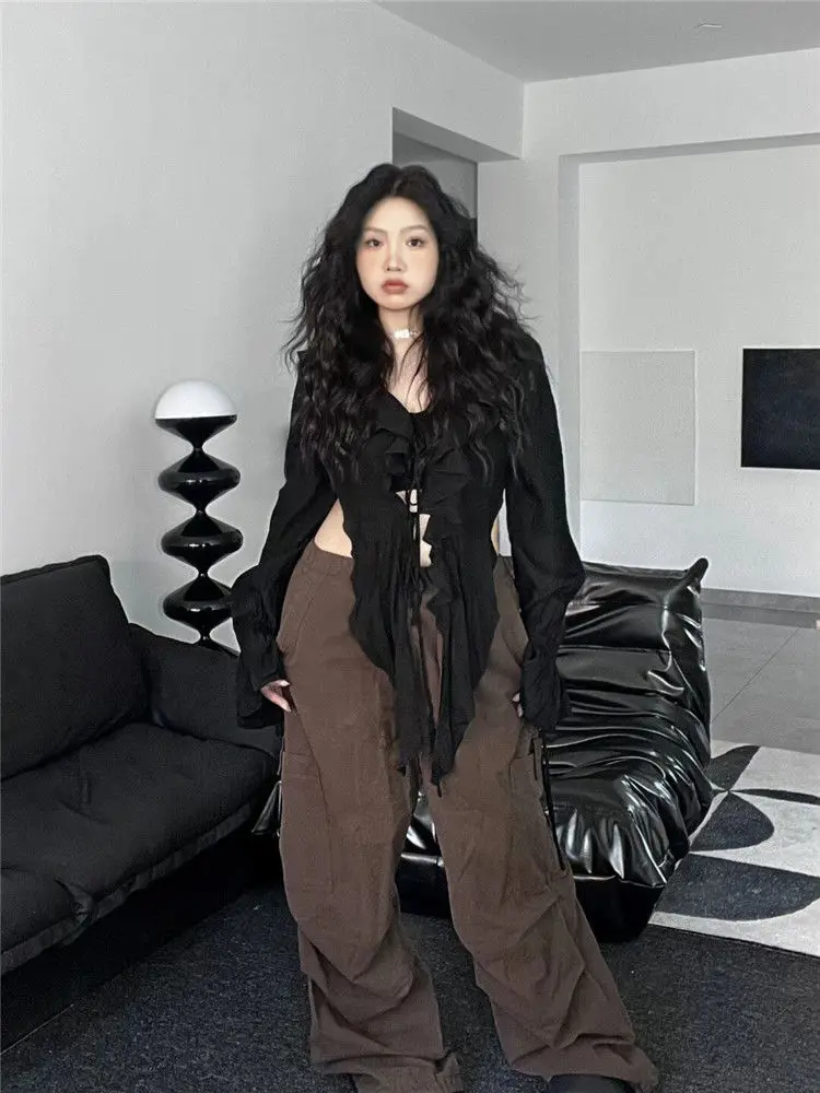 Yedinas Gothic Black Solid Lace Up Blouse Women Clothes Long Sleeve Korean Fashion Autumn Spring Tops Fairycore Shirts Blousa