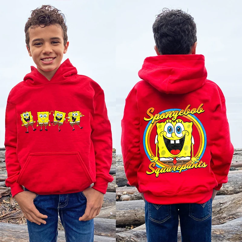 MINISO SpongeBob SquarePants kids hoodie autumn and winter plus velvet sweater red cartoon top boy