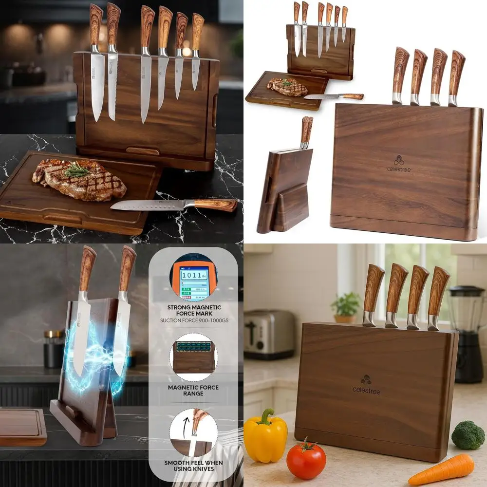 

Dual-Function Wooden Chopping Board with Built-In Magnetic Knife Rack - 16 x 11, Rainforest Wood, Grooved for Juice Control, Kit