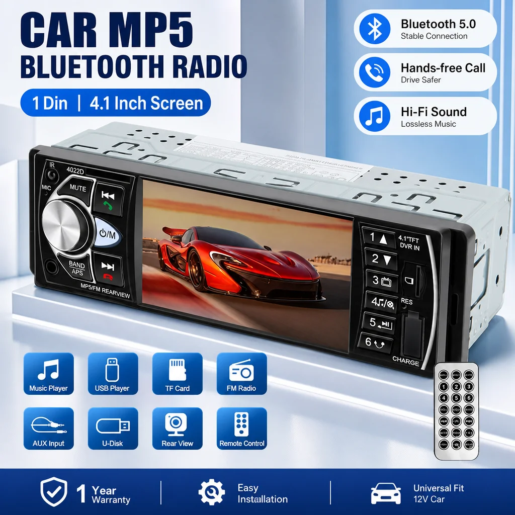 HIPPCRON 1DIN Car Radio Stereo 4.1Inch MP5 Bluetooth5.0 FM USB Player Support Rear View Steering Wheel Control No Touch Function
