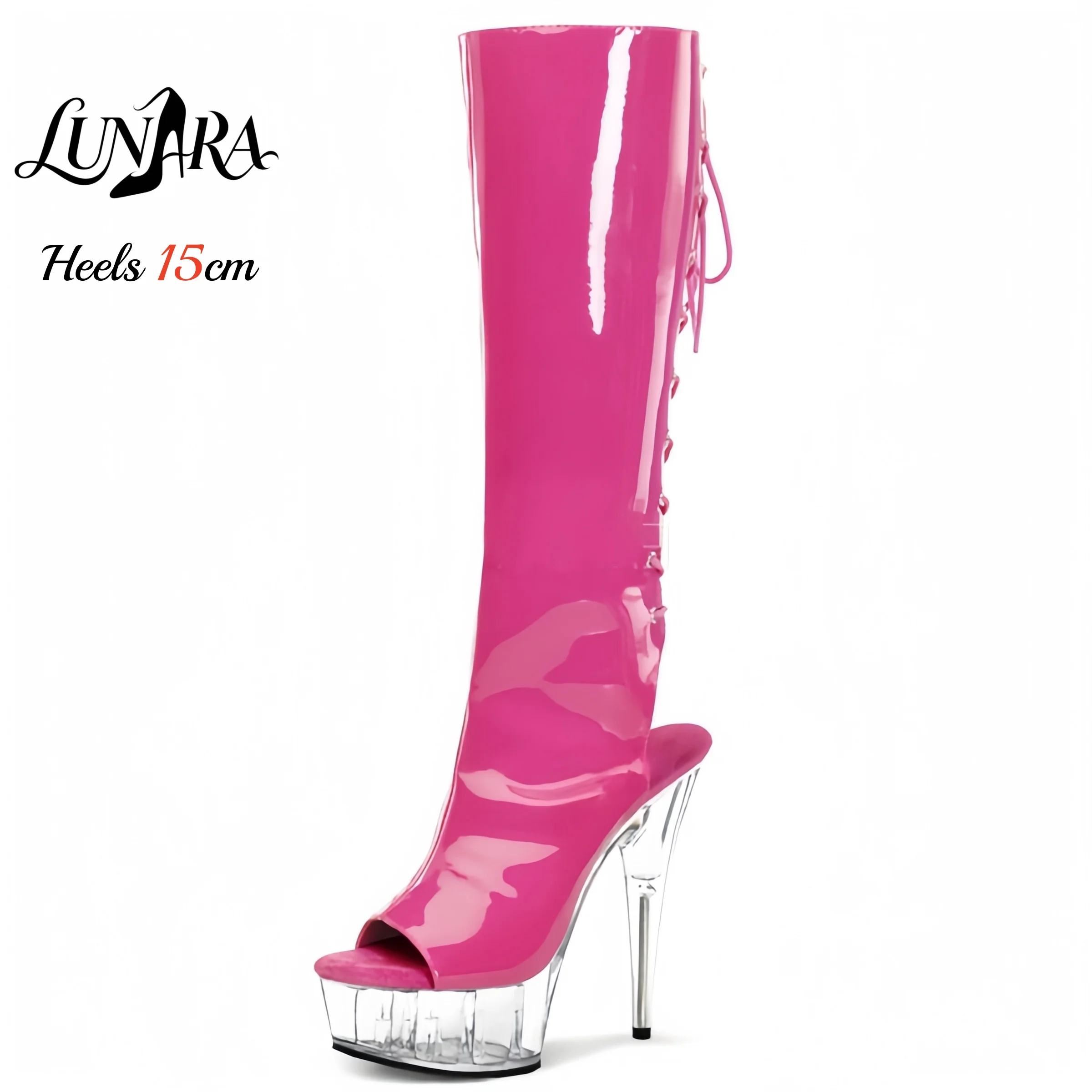 Ladies 15cm/6Inch Hot pink Patent Lace-up Zip Backless Open Toe Clear Platform Stiletto Mid-calf Boot Stripper Pole dance Rave