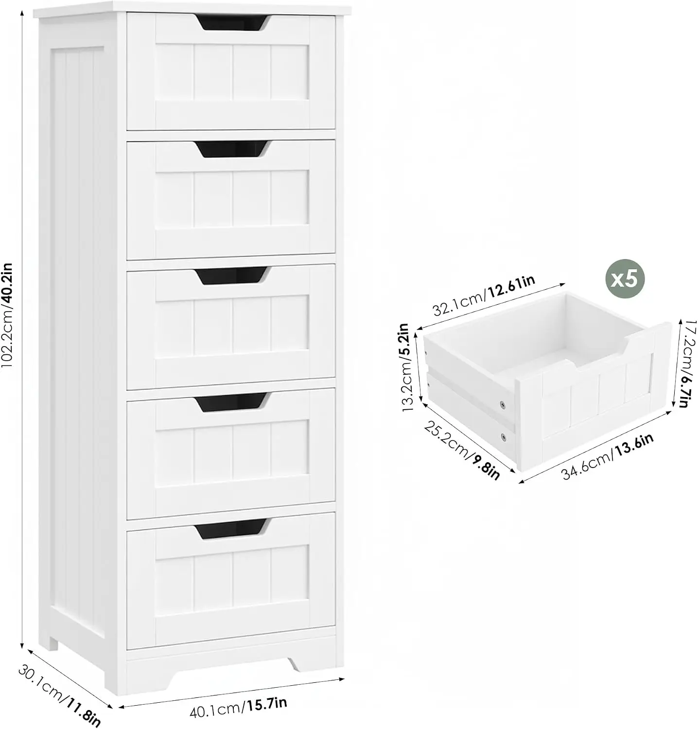 Freestanding Bathroom Storage Cabinet, Wooden Floor Organizer Unit With Five Drawers, Narrow Space Saving Furniture For Living Room Hallway, Modern White Home Organizer view 3