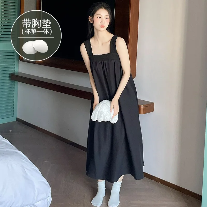 Vestido largo con tirantes coreanos de talla grande 3XL, pijamas holgados y dulces para mujer coreana con almohadilla en el pecho, ropa de dormir de casa lisa hasta el tobillo
