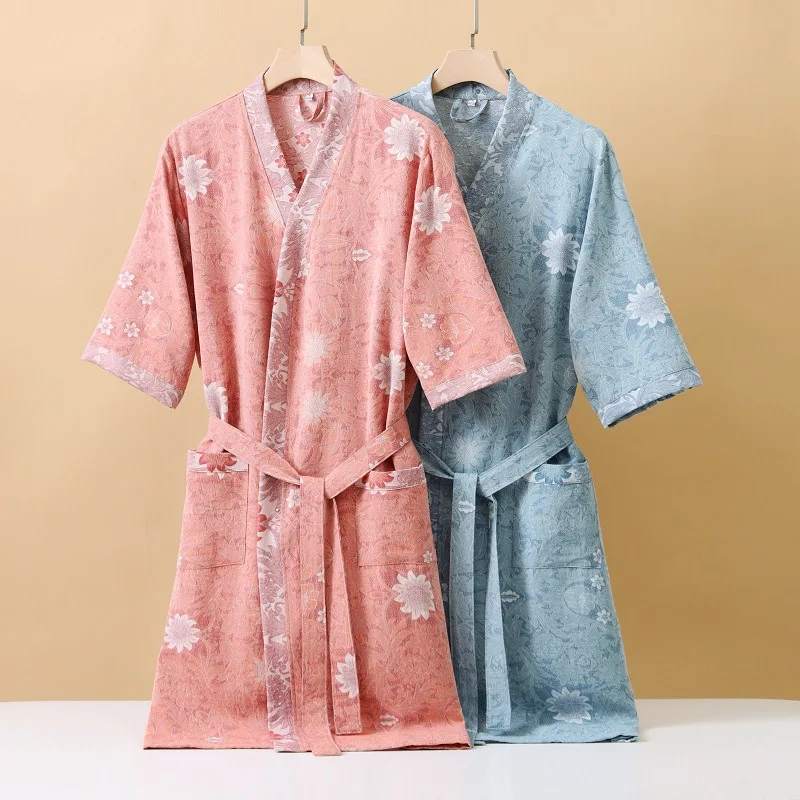 Japanese Women's Spring Autumn Sleeping Robe Cotton Gauze Bathrobe Thin Flower Home Clothing Robe